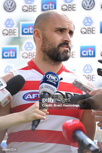 Rhyce Shaw of the Swans speaks to the media during a Sydney Swans AFL training session at Sydney Cricket Ground on September 17, 2015 in Sydney,...