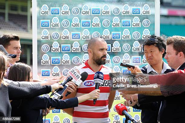 Rhyce Shaw of the Swans speaks to the media during a Sydney Swans AFL training session at Sydney Cricket Ground on September 17, 2015 in Sydney,...