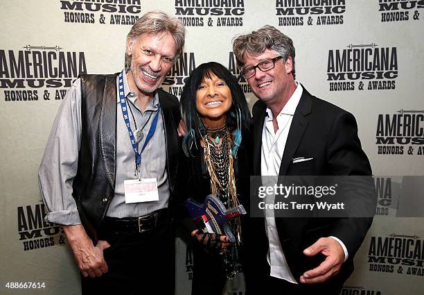 John Kay, Spirit of Americana Award Recipient Buffy Sainte-Marie, and Americana Music Association Executive Director Jed Hilly backstage at the 14th...