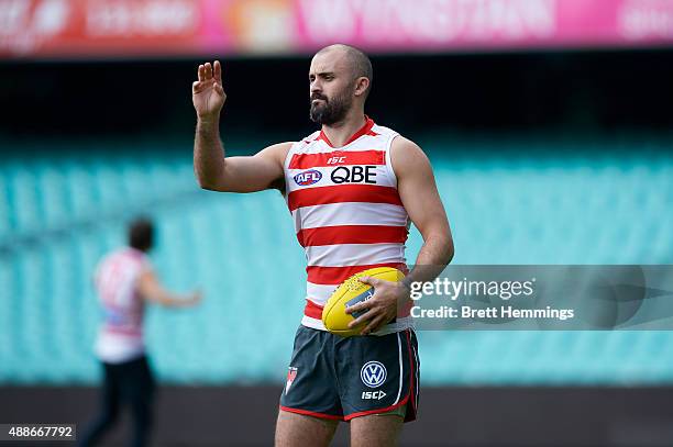 Rhyce Shaw of the Swans looks on during a Sydney Swans AFL training session at Sydney Cricket Ground on September 17, 2015 in Sydney, Australia.