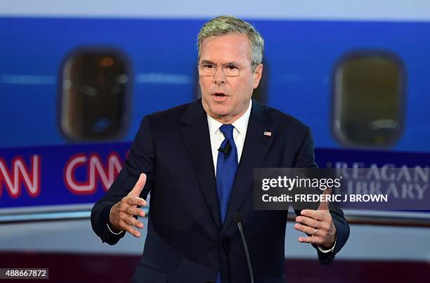 Republican presidential hopeful Jeb Bush speaks during the Republican Presidential Debate at the Ronald Reagan Presidential Library in Simi Valley,...