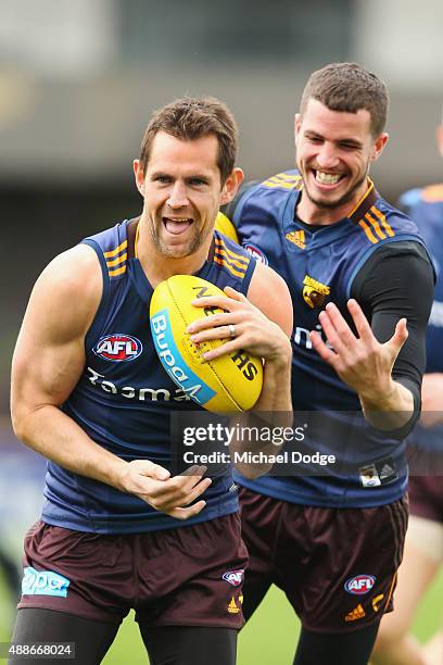 Luke Hodge reacts after bumping with Ben Stratton during a Hawthorn Hawks AFL training session at Waverley Park on September 17, 2015 in Melbourne,...