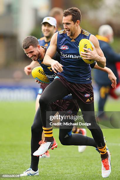 Luke Hodge reacts after bumping with Ben Stratton during a Hawthorn Hawks AFL training session at Waverley Park on September 17, 2015 in Melbourne,...