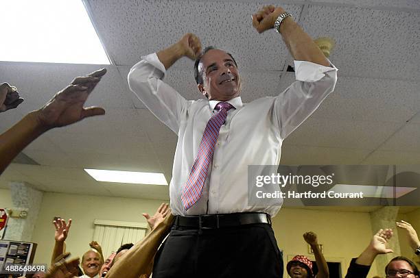 Joe Ganim celebrates at his campaign headquarters after claiming victory over incumbent mayor Bill Finch in the Democratic mayoral primary in...