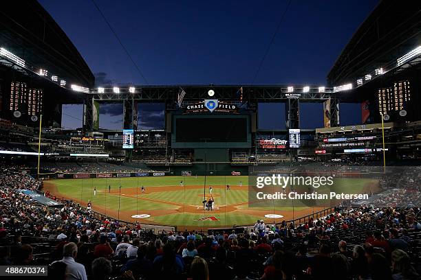 General view of action as starting pitcher Andrew Cashner of the San Diego Padres pitches to Ender Inciarte of the Arizona Diamondbacks during the...