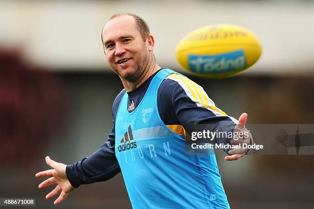 Assistant coach David Neitz gestures during a Hawthorn Hawks AFL training session at Waverley Park on September 17, 2015 in Melbourne, Australia.