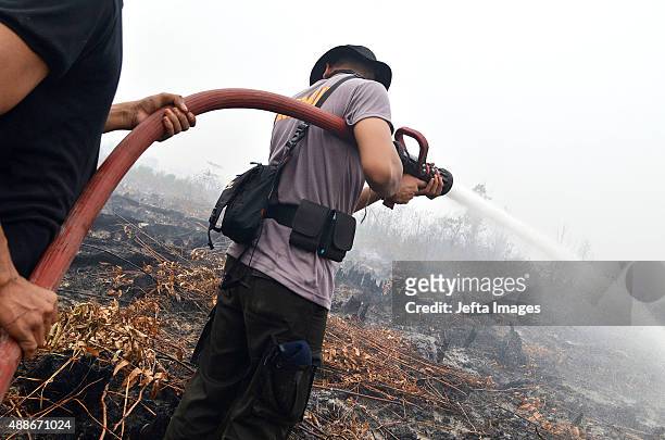 Indonesian police and firemen work to put out fire in Rimbo Panjang, the Sumatran city of Pekanbaru on September 16, 2015 in Riau, Indonesia....