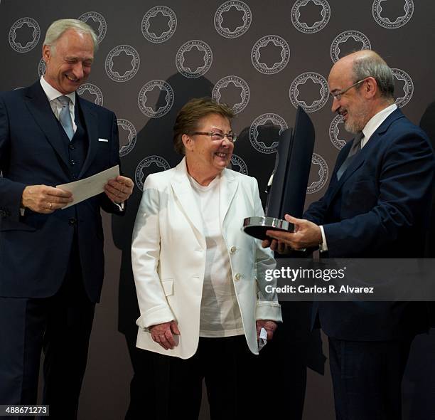 Gallerist Helga de Alvear recives the Montblanc Culture Award 2014 from Montblanc Culture Foundation President Lutz Bethge and Jesus Prieto at the...