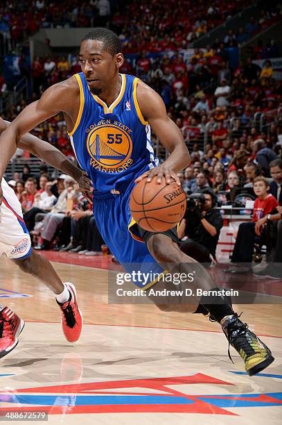 Jordan Crawford of the Golden State Warriors drives against the Los Angeles Clippers in Game Seven of the Western Conference Quarterfinals during the...