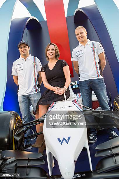 Felipe Massa, Claire Williams and Valtteri Bottas attend the inauguration of the Williams Martini Racing Terrace in Barcelona on May 7, 2014 in...
