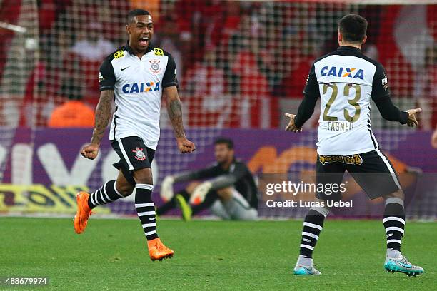 Malcom of Corinthians celebrates their first goal during the match between Internacional and Corinthians as part of Brasileirao Series A 2015, at...