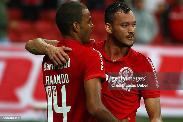 Rever of Internacional celebrates their first goal during the match between Internacional and Corinthians as part of Brasileirao Series A 2015, at...