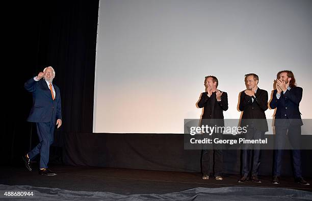 Actors Donald Sutherland , Kiefer Sutherland and Aaron Poole attend the "Forsaken" premiere during the 2015 Toronto International Film Festival at...