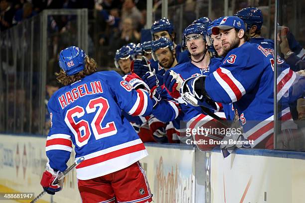 Carl Hagelin of the New York Rangers celebrates with his teammates on the bench after scoring a goal in the second period against Marc-Andre Fleury...