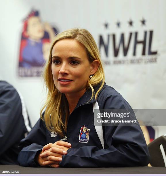 General Manager Dani Rylan of the New York Riveters of the National Womens Hockey League speaks with the media at the Aviator Sports & Events Center...