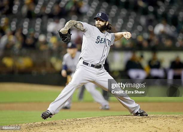 Joe Beimel of the Seattle Mariners pitches against the Oakland Athletics at O.co Coliseum on May 5, 2014 in Oakland, California.