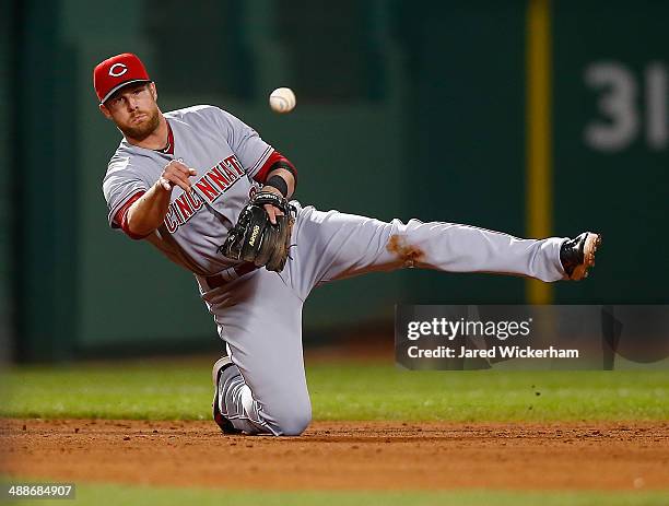 Zack Cozart of the Cincinnati Reds throws a ball from his knees against the Boston Red Sox during the interleague game at Fenway Park on May 7, 2014...