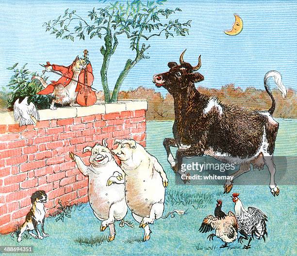 ilustraciones, imágenes clip art, dibujos animados e iconos de stock de gato y violín con vaca y amigos. - canción infantil