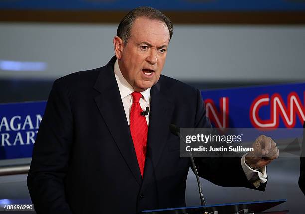 Republican presidential candidate Mike Huckabee speaks during the republican presidential debates at the Reagan Library on September 16, 2015 in Simi...