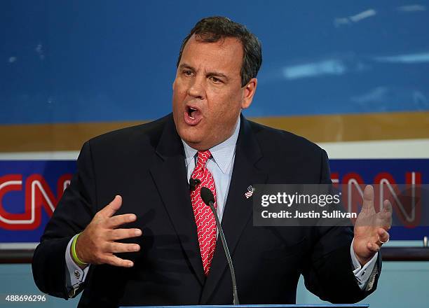 Republican presidential candidate, New Jersey Gov. Chris Christie speaks during the republican presidential debates at the Reagan Library on...