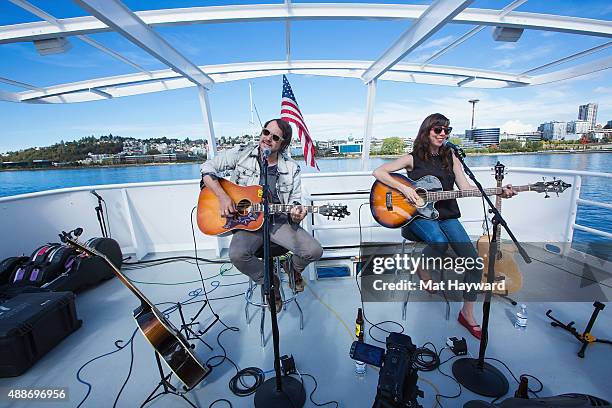 Brian Aubert and Nikki Monninger of Silversun Pickups perform an EndSession hosted by 107.7 The End on an Argosy Cruise Ship on September 16, 2015 in...