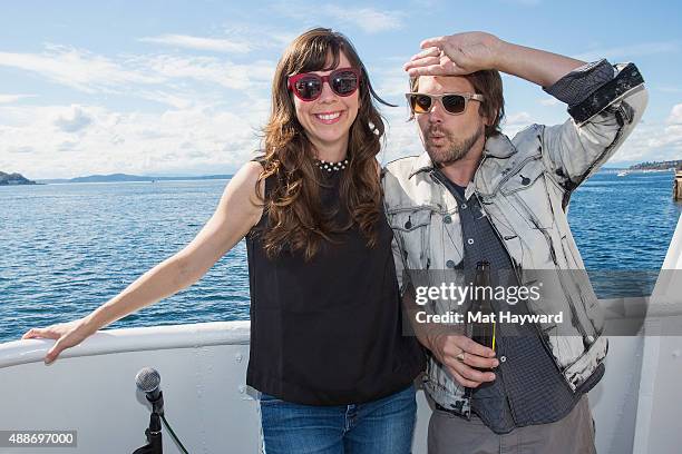 Nikki Monninger and Brian Aubert of Silversun Pickups pose for a photo before performing an EndSession hosted by 107.7 The End on an Argosy Cruise...