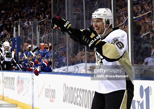Jussi Jokinen of the Pittsburgh Penguins celebrates after scoring a third period goal against the New York Rangers during Game Four of the Second...