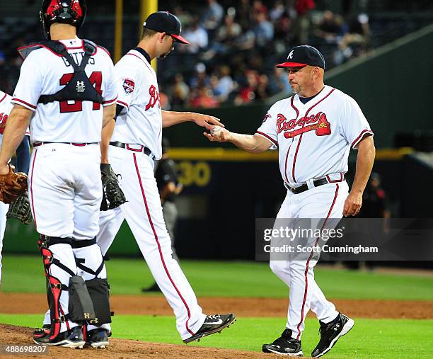 Mike Minor of the Atlanta Braves is removed from the game by Manager Fredi Gonzalez in the 5th inning against the St. Louis Cardinals at Turner Field...