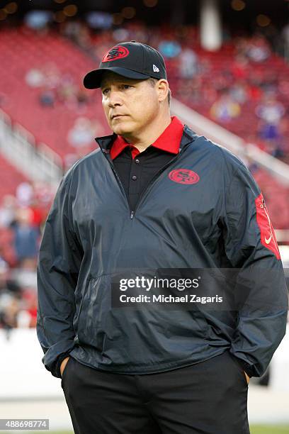 Defensive Coordinator Eric Mangini of the San Francisco 49ers stands on the field prior to the game against the Minnesota Vikings at Levi Stadium on...