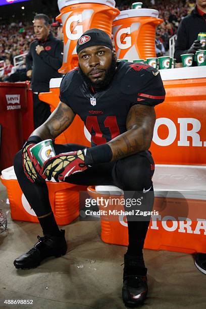 Antoine Bethea of the San Francisco 49ers sits on the sideline during the game against the Minnesota Vikings at Levi Stadium on September 14, 2015 in...