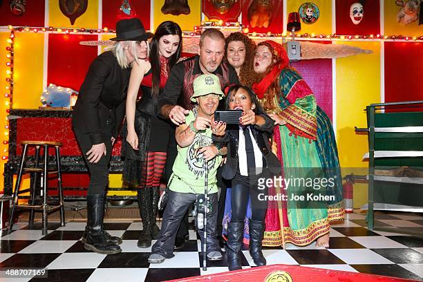 Todd Ray, Danielle 'Freakshow Mama' Ray, Phoenix Ray, Asia Ray, Jessa 'The Bearded Lady', Amazing Ali and Wee Matt McCarthy pose for a photo duing...
