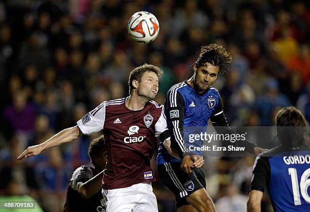 Drew Moor of Colorado Rapids and Chris Wondolowski of San Jose Earthquakes go for the ball at Buck Shaw Stadium on May 7, 2014 in Santa Clara,...