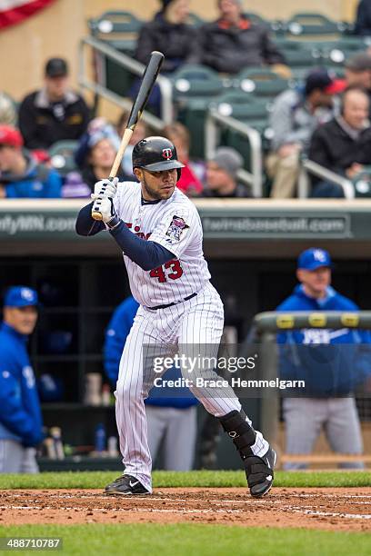 Josmil Pinto of the Minnesota Twins bats against the Kansas City Royals on April 13, 2014 at Target Field in Minneapolis, Minnesota. The Twins...