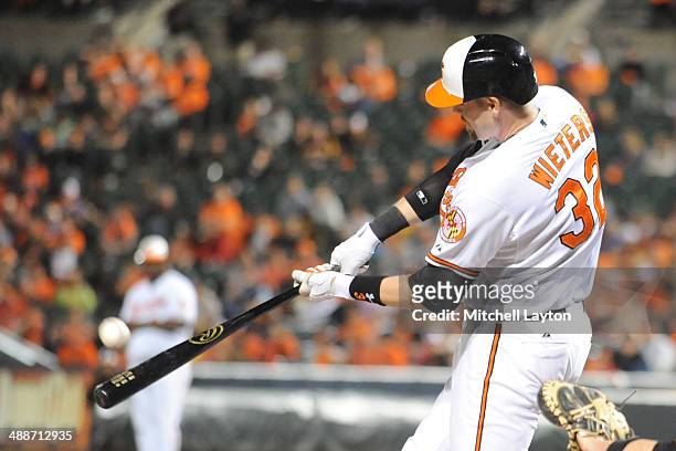 Matt Wieters of the Baltimore Orioles takes a swing during a baseball game against the Pittsburgh Pirates in game two of a doubleheader on May 1,...