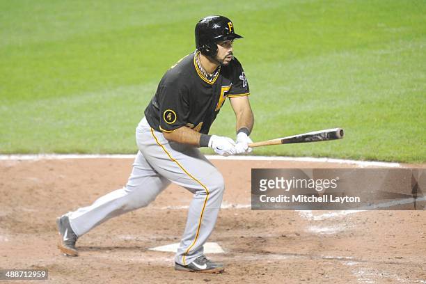 Jose Tabata of the Pittsburgh Pirates takes a swing during a baseball game against the Baltimore Orioles in game two of a doubleheader on May 1, 2014...