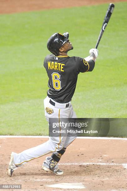 Starling Marte of the Pittsburgh Pirates takes a swingg during a baseball game against the Baltimore Orioles in game two of a doubleheader on May 1,...