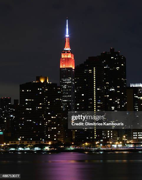 General view of the Empire State Building lit red in honor of the 2014 Delete Blood Cancer Gala Honoring Evan Sohn and the Sohn Conference Foundation...