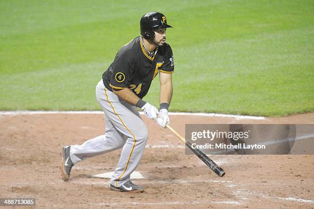 Jose Tabata of the Pittsburgh Pirates takes a swing during a baseball game against the Baltimore Orioles in game two of a doubleheader on May 1, 2014...