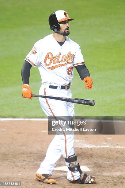 Nick Markakis of the Baltimore Orioles looks on after a swing during a baseball game against the Pittsburgh Pirates in game two of a doubleheader on...