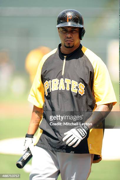 Jose Tabata of the Pittsburgh Pirates looks on before a baseball game against the Baltimore Orioles in game one of a doubleheader on May 1, 2014 at...
