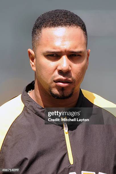 Jose Tabata of the Pittsburgh Pirates looks on before a baseball game against the Baltimore Orioles in game one of a doubleheader on May 1, 2014 at...