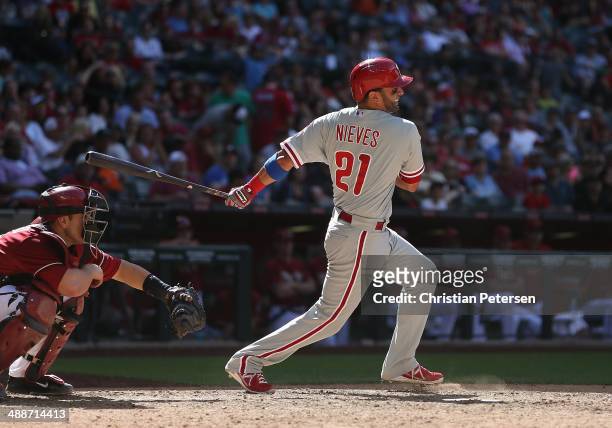 Wil Nieves of the Philadelphia Phillies bats against the Arizona Diamondbacks during the MLB game at Chase Field on April 27, 2014 in Phoenix,...