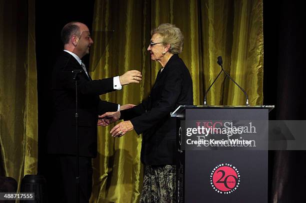 Shoah Foundation Executive Director Stephen D. Smith and Holocaust survivor Celina Biniaz speak onstage during USC Shoah Foundation's 20th...