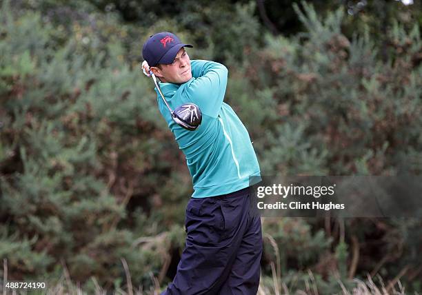Jack McDonald of Great Britain and Ireland Walker Cup Team plays a tee shot during the morning foursomes during day two of the 2015 Walker Cup at...