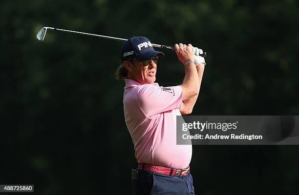 Miguel Angel Jimenez of Spain plays his second shot on the 13th hole during the first round of the 72nd Open d'Italia at Golf Club Milano on...