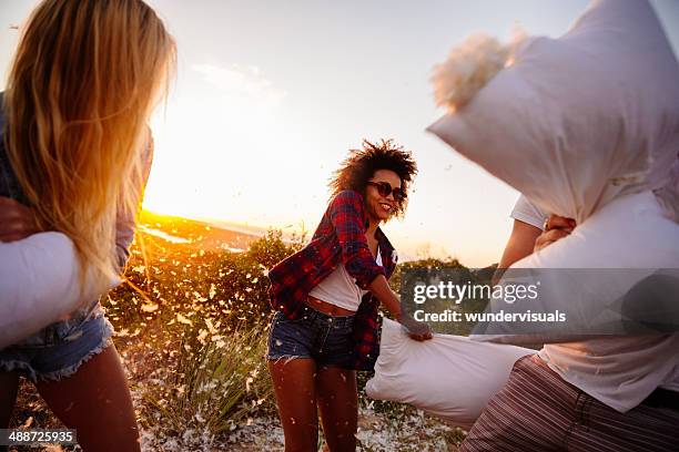 pillow fight while roadtrip break - pillow fight stock pictures, royalty-free photos & images