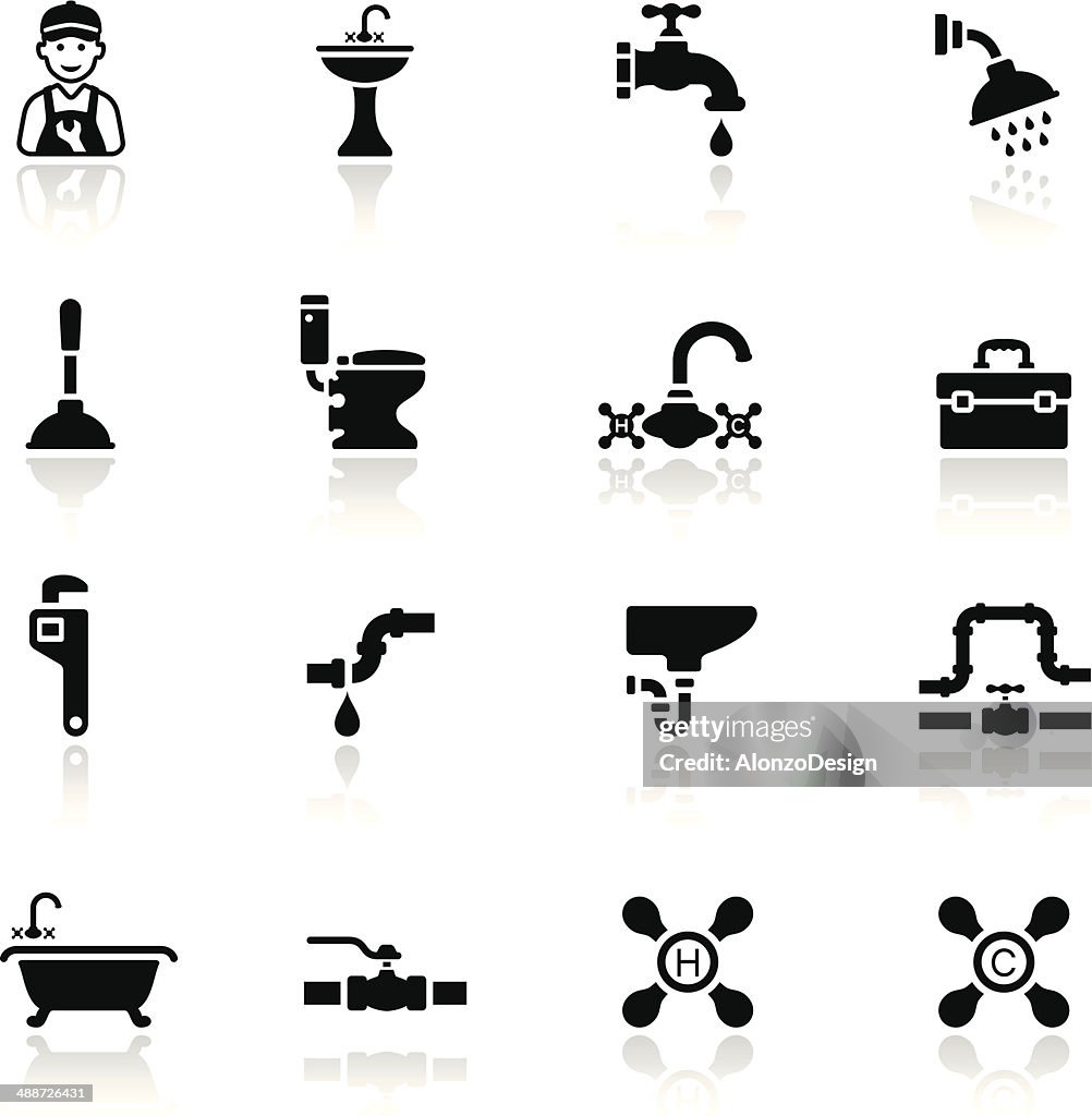 Conjunto de iconos negro de fontanería