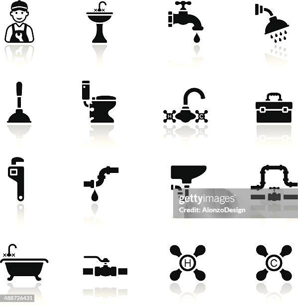 ilustraciones, imágenes clip art, dibujos animados e iconos de stock de conjunto de iconos negro de fontanería - regadera