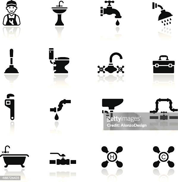 black plumbing icon set - shower head stock illustrations
