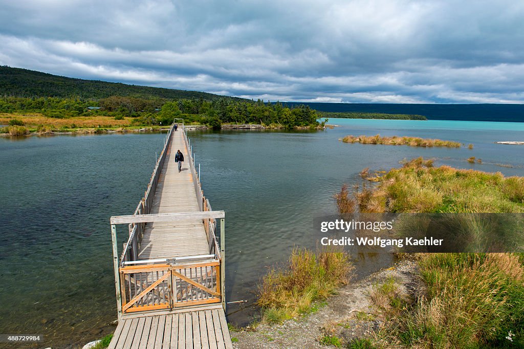 View of the floating bridge at Katmai National Park and...
